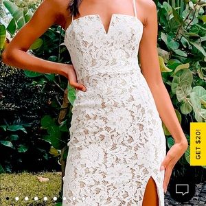 New Lulu’s Amazing Allure White Crochet Lace Bodycon Midi Dress Homecoming Dress
